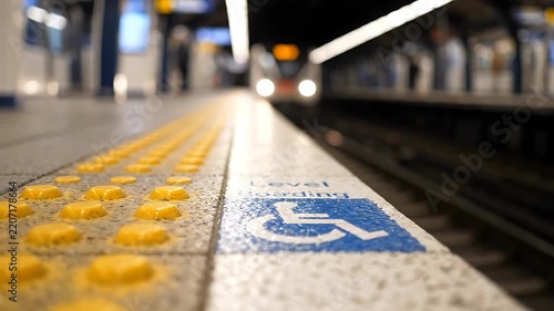 Tactile Paving Moving Along a Train Platform, Showing a Slow Camera Pan and Focus Shift. Accessible Design and Transportation Concept.