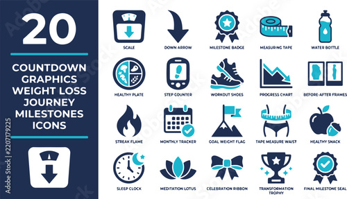 Weight loss journey icons set. Includes symbols for scale, measuring tape, healthy food, workout shoes, and progress chart. Solid vector icons for diet tracking, fitness, and health.