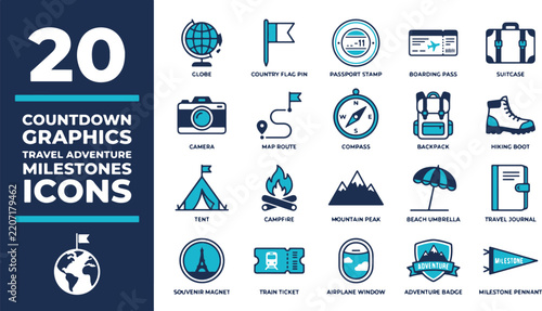 Travel and adventure solid icon set. Includes globe, camera, compass, suitcase, and tent symbols. Vector graphics for tourism planning, vacation booking, and journey exploration.