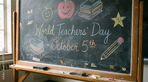 Blackboard displaying colorful chalk drawings and handwritten text celebrating world teachers day on october fifth