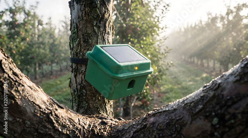 Solar-powered pest deterrent device securely attached to an apple tree branch in an orchard.