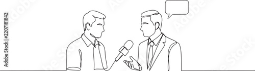 Continuous one line drawing male journalist with microphone making interview with businessman. Professional journalist in conversation, asking for opinion. one line Icon drawing