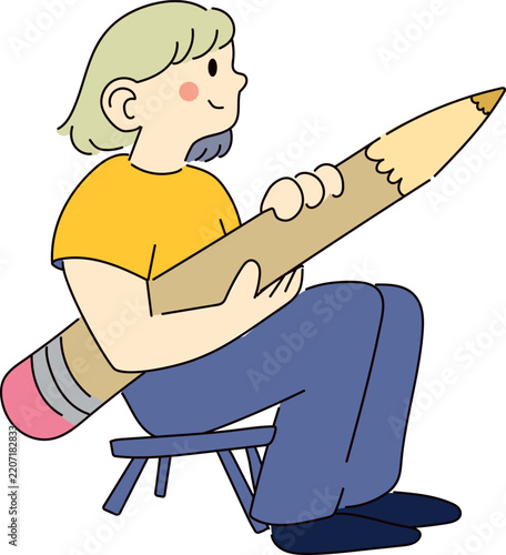 Simple flat illustration of a girl sitting on a chair and holding a pencil.