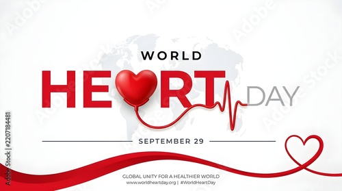 World Heart Day vector banner with realistic 3D heart symbol, ECG pulse line, and September 29 date on white background