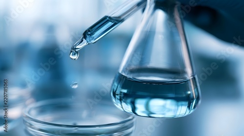 A dropper releases a drop of clear liquid into a conical flask  with a petri dish below  in a cool toned laboratory setting