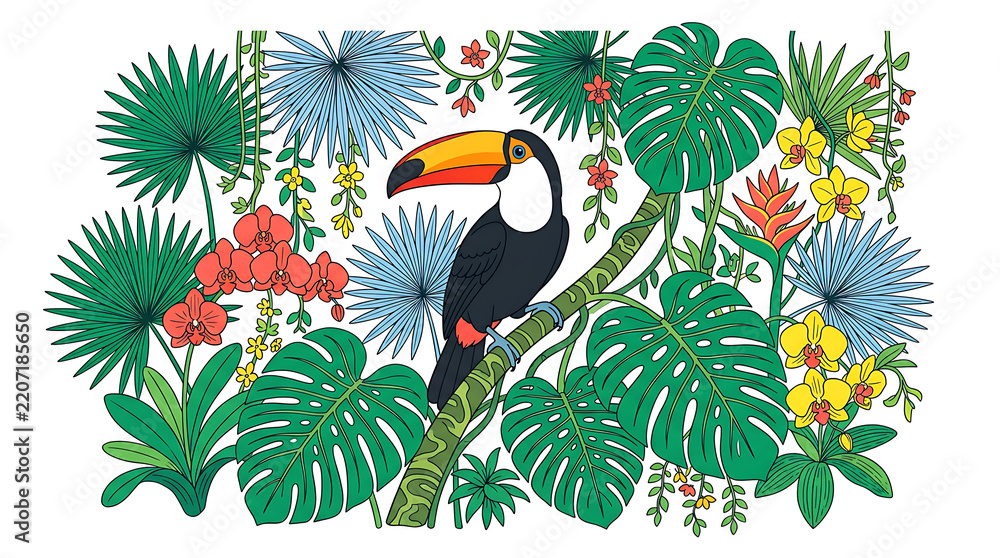 Obraz premium Colorful toucan perched on a branch in a lush tropical forest