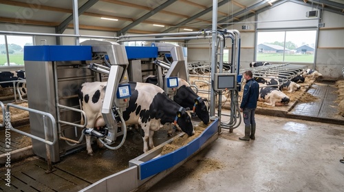 Modern Dairy Farm with Robotic Milking Machines and Holstein Cows