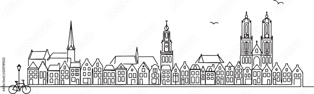 Fototapeta premium One single line drawing of Groningen city skyline, Netherlands. Historical skyscraper landscape in world. Best holiday destination wall decor poster. one line Icon drawing