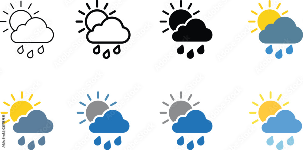 Obraz premium Weather Forecast Icon Set with Rain Clouds and Sun in Outline Black and Colorful Flat Styles