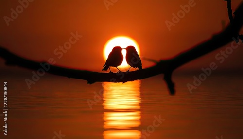 Two birds kissing on branch against sunset over water