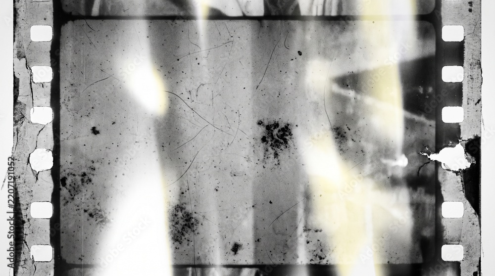 Obraz premium Old film texture with scratches, noise and light leaks. Realistic transparent overlay film texture in black-white, dust and grain. Distressed retro movie or photo negative effect of cinema nostalgia