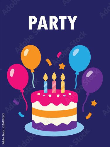 Colorful Birthday Party Illustration with Cake, Balloons, Candles and Confetti