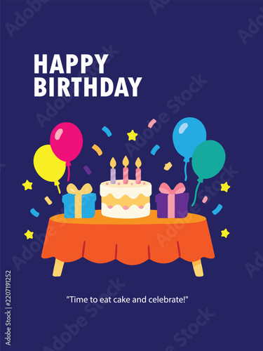Happy Birthday Celebration Illustration with Cake, Balloons and Colorful Gifts