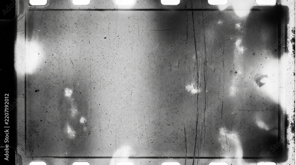 Obraz premium Old film texture with scratches, noise and light leaks. Realistic transparent overlay film texture in black-white, dust and grain. Distressed retro movie or photo negative effect of cinema nostalgia