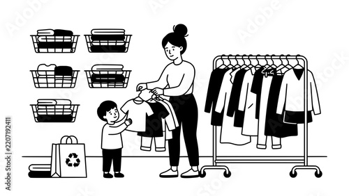 Mother and young son organizing clothing in a sustainable fashion store environment