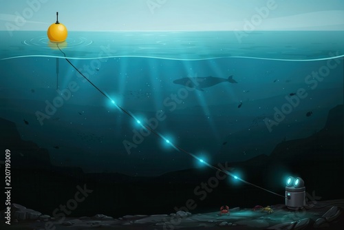 Underwater ocean sensor network illustration, glowing deep sea monitoring buoy line, marine technology concept banner
