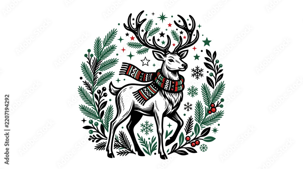 Fototapeta premium Festive reindeer illustration wearing scarf, Christmas wreath with pine branches and snowflakes vector graphic
