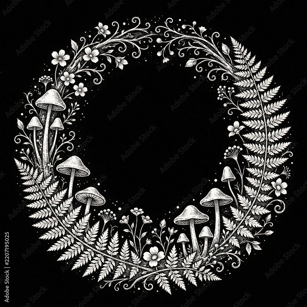 Obraz premium Circular line art wreath with mushrooms, ferns on black background. Mystical woodland flora illustration features detailed fungi, leaves, wildflowers. Elegant botanical design for fairy tale, magic,