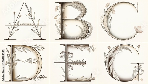Vintage floral alphabet letters A through G botanical illustration