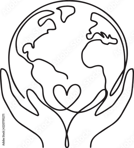 Single continuous line drawing globe holds the heart logo with both hands. Loving the earth is like loving yourself. Always take care of the earth. Saving planet. one line Icon drawing