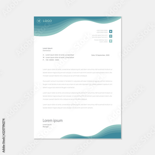 Modern corporate business letterhead template vector with teal abstract wave header