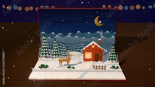 Paper pop-up book opens to reveal a snowy Christmas fairy tale scene with a glowing cottage, deer and fir trees, then closes, seamless loop