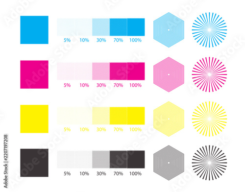 CMYK Color Print Test Chart Vector Set with Registration Marks Crosshair Targets Color Swatches and Calibration Bars
