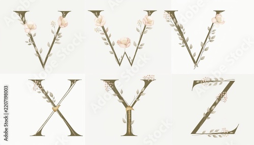 Alphabet letters V through Z decorated with delicate flowers and leaves