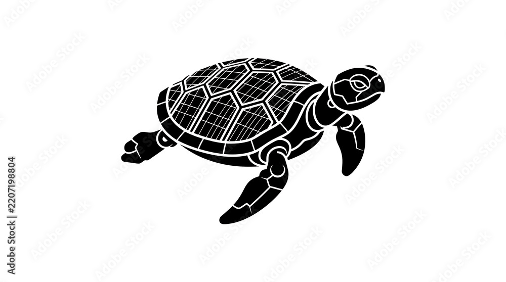 Fototapeta premium Isometric solar turtle silhouette icon with solar panel shell representing ocean green energy and sustainable marine technology