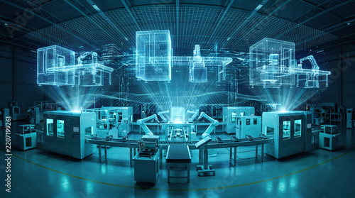 Futuristic smart factory at night with glowing holographic digital twin overlay above machinery