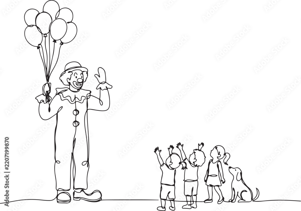 Obraz premium Single continuous line drawing the male clown stands while holding several balloons in his right hand. Children really like the show. one line Icon drawing