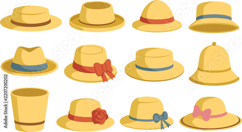 Set of straw hats and summer headwear collection, vector illustration with ribbon accents on white