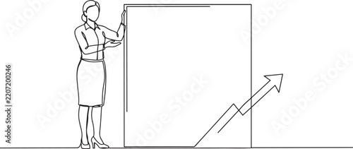Single line drawing of young woman employee displaying blank board for business sales growth concept. Ideal for discount offer, clearance sale banner, retail promotion. one line Icon drawing