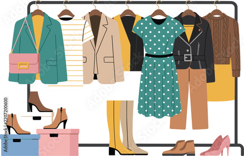Fashion clothes capsule wardrobe on rail rack, vector illustration with female dresses, jackets and shoes