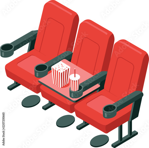 Young parents walking together, pushing newborn baThree red cinema seats row, isometric vector illustration with popcorn box and soda cup drinkby stroller side view profile in flat vector style