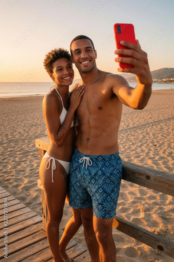 Fototapeta premium Young mixed race couple takes selfie on beach at sunset. Smiling man, woman pose with red smartphone near wooden pier. Lovers enjoy summer vacation, romantic holiday, ocean view during golden hour.