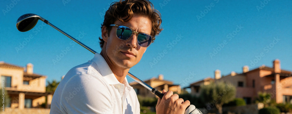 Obraz premium Handsome young caucasian man in white polo shirt, sunglasses holds golf club. Confident male golfer poses on green course under blue sky. Luxury resort villas in background during sunny summer day.