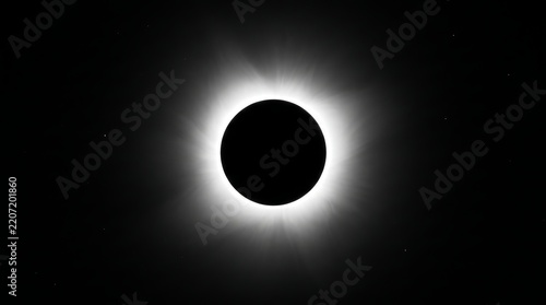 Total solar eclipse with light rays shining around moon.