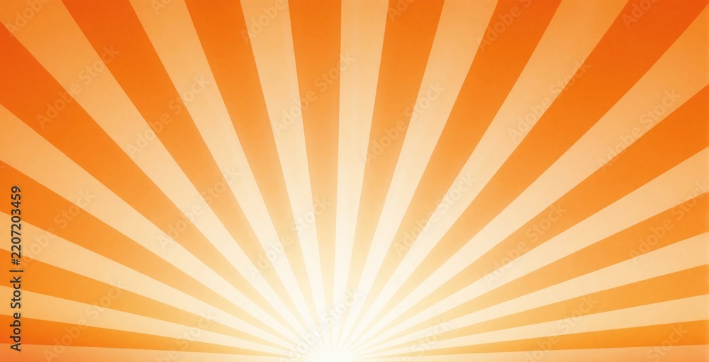 Fototapeta premium Abstract orange background with bright sunbeams radiating from bottom center. Retro pop art style features rays, stripes, glowing light effects. Vibrant sunburst pattern creates energetic energy