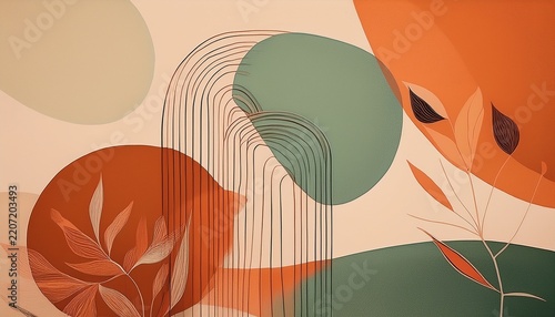 abstract organic shapes mid century modern background boho terracotta and sage green geometric line art