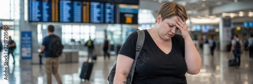 Stressed female traveler with hand on forehead in airport terminal near flight information board