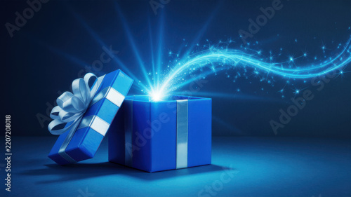 Open blue gift box with glowing magical light rays and sparkles copy
