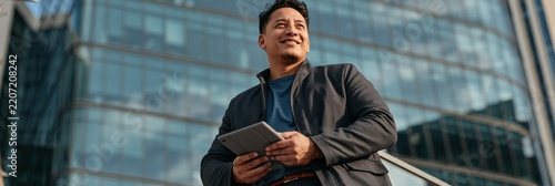 Young businessman with tablet in front of glass office tower for corporate banner background and modern business design