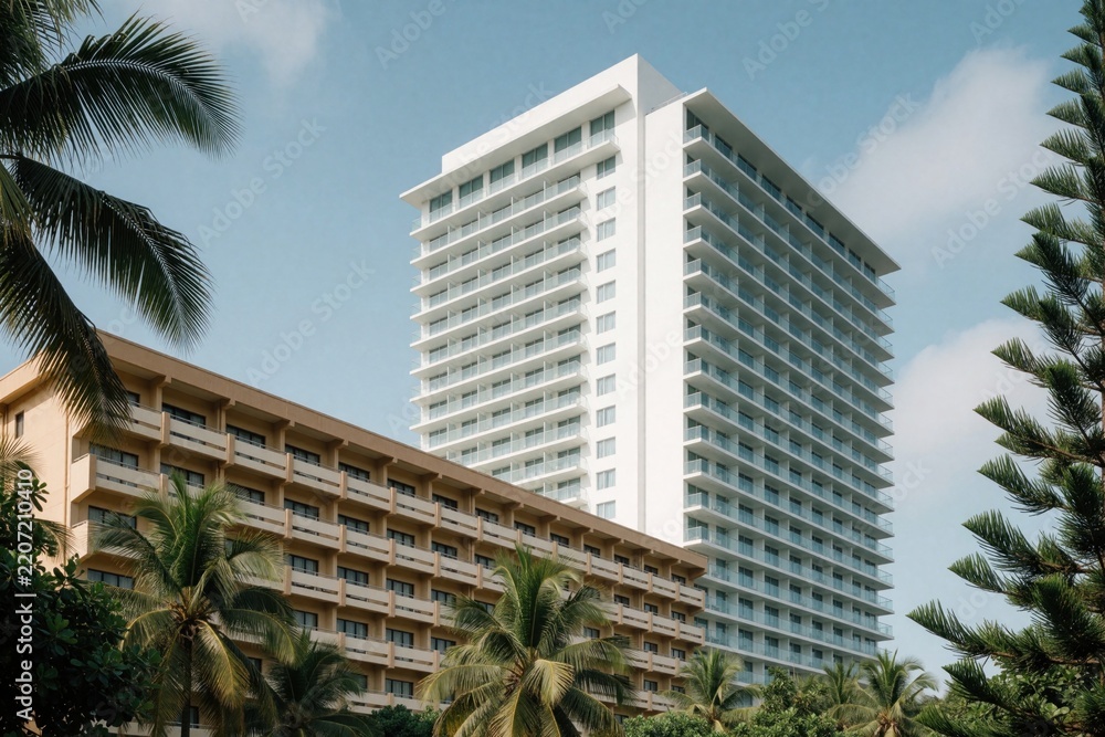 Fototapeta premium Modern white high rise hotel building stands next to old brown apartment complex. Tropical palm trees, plants surround luxury accommodation. Contrast between contemporary architecture, classic motel