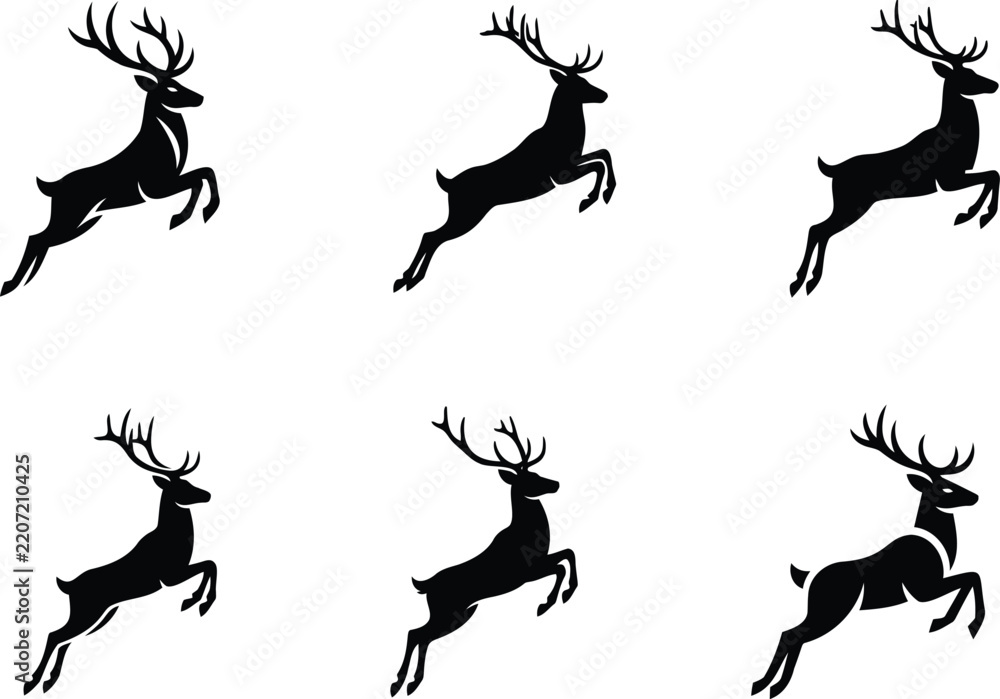 Fototapeta premium A collection of six jumping deer icons presented in a distinctive black silhouette style isolated on a transparent background for your professional graphic design projects