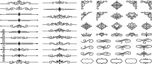 Vintage vector set of ornate frames with old letters and numbers in decorative calligraphic style