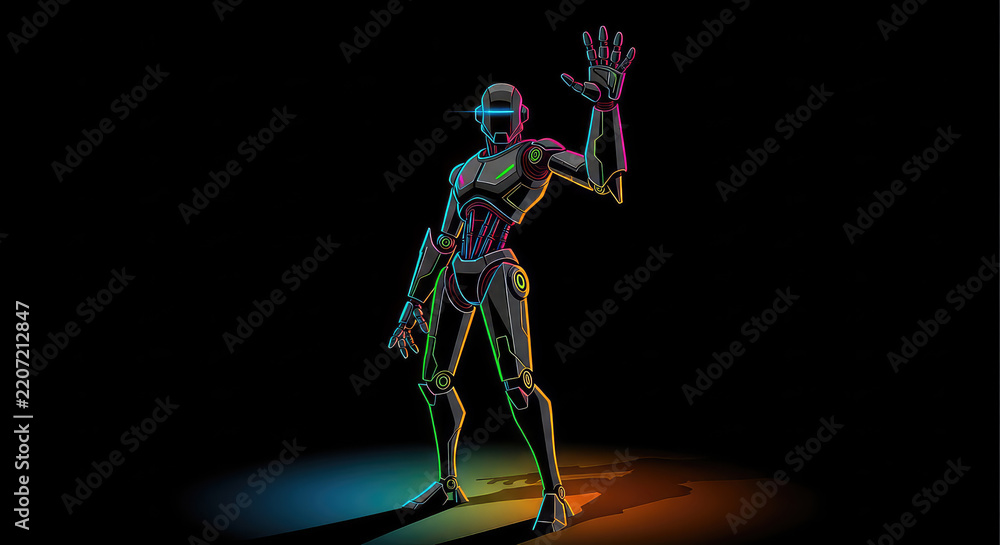Fototapeta premium Futuristic robot waving hand against black background