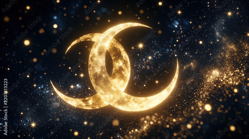 Obraz premium Golden crescent moons dance in dark cosmos. Two glowing lunar orbs spiral through starry space galaxy with sparkling dust. Magical celestial bodies shine amidst twinkly light, cosmic nebulae.