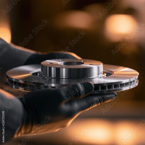Technician wearing black gloves inspecting a shiny metal ventilated automotive brake disc rotor under warm workshop lighting conditions