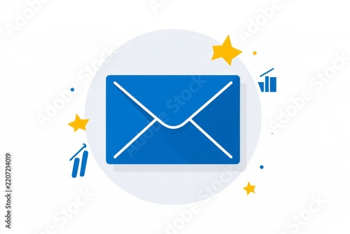 Blue email envelope icon with stars and analytics symbols on white background
